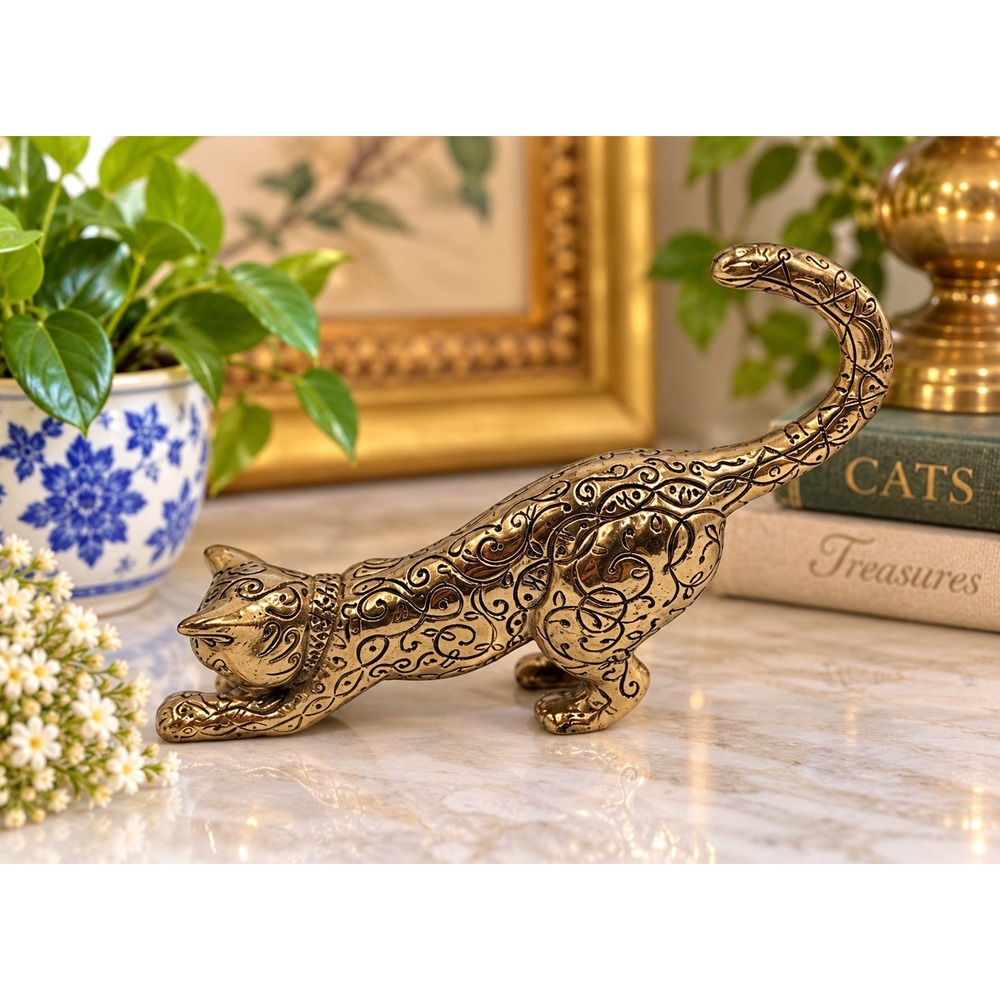 Vintage 1986 Franklin Mint Brass Cat Figurine Chinoiserie Hollywood Regency Deco